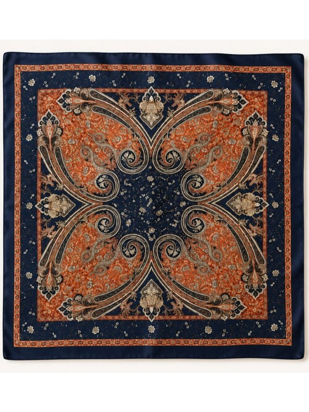 Navy Rust Paisley Square Scarf 26x26 Western Boho Neck Scarf Satin Feel